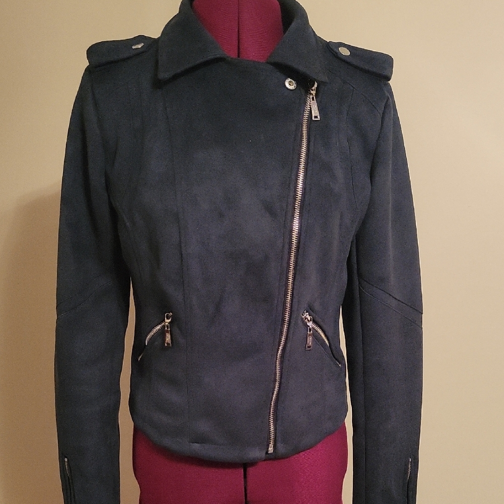 Jou Jou Women's Navy Moto Biker Jacket M Faux Suede